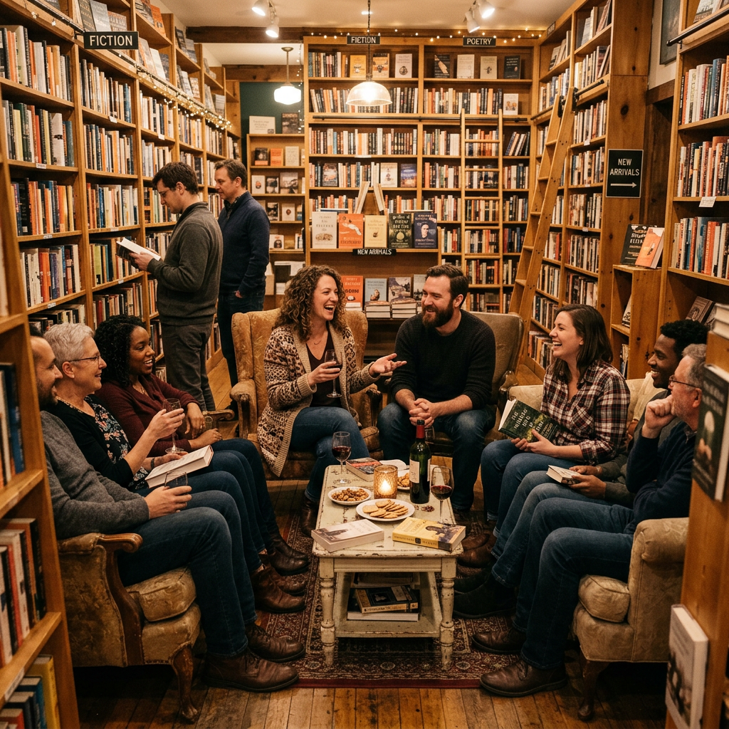 Book club members talking among bookshelves in a cozy bookstore